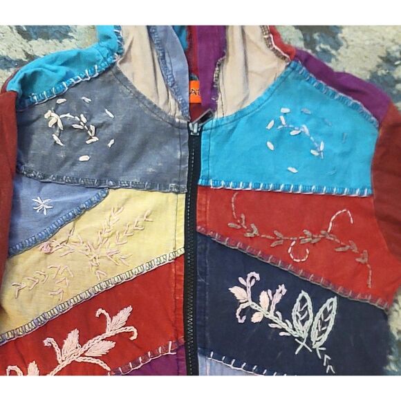 Hippie Boho Zip Up Embroidered Patchwork Hooded Nepal Jacket Size Medium - Picture 5 of 7